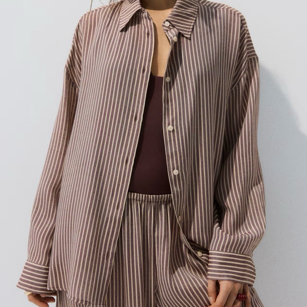 H&M Brown and Cream Striped Button-Up Shirt Beach Shirt